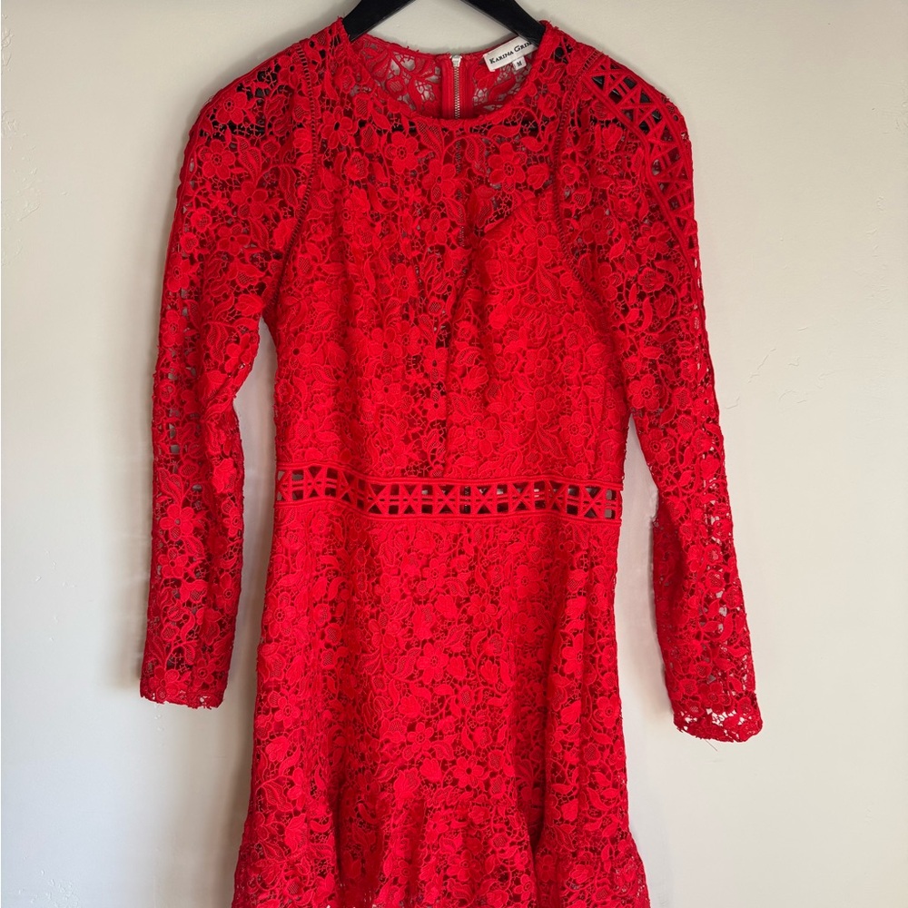 Karen Millen Red Lace Long-Sleeve Dress
